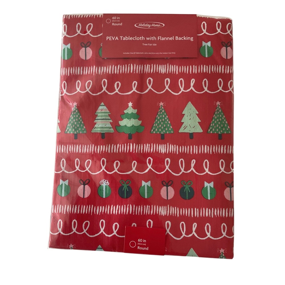 Holiday Home Red Christmas Tree Gift Wrap Round PEVA Tablecloth 60 Inch‎